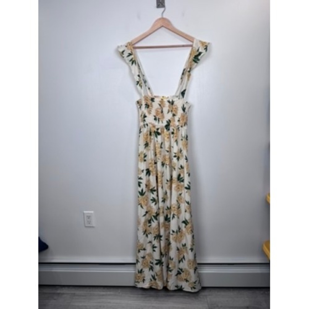 Agua Bendita Alexandra Voila Floral Maxi Dress Yellow Cream Smocked Ruffle Small